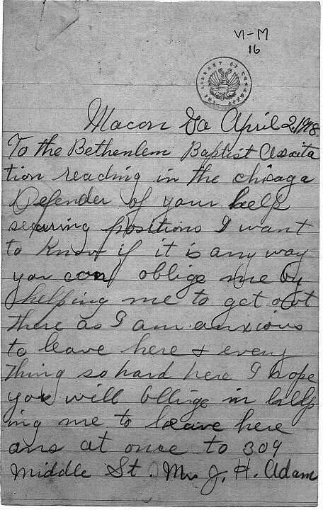Letter from Mrs. J. H. Adams to the Bethlehem Baptist Association in Chicago, 1918.