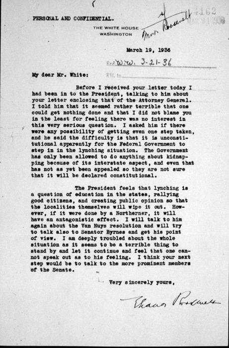 Eleanor Roosevelt's letter to NAACP's Walter White on lobbying against lynchings, March 19, 1936.