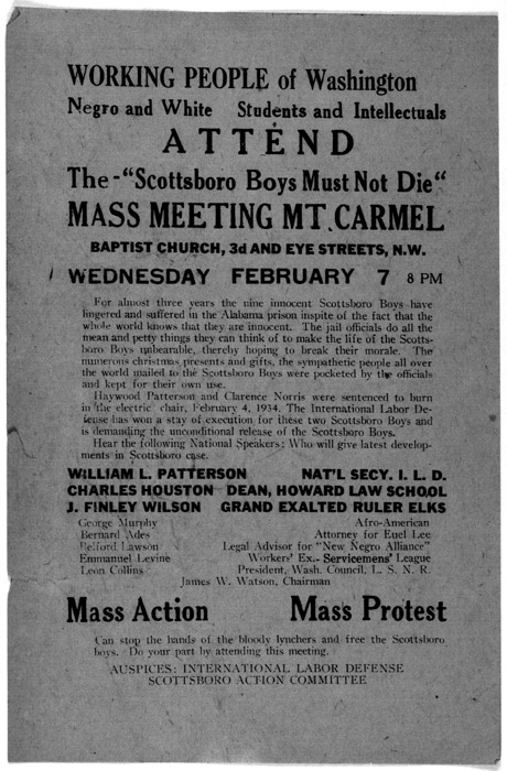 Flyer for organizing meeting to protest the Scottsboro boys' conviction (February 7, 1934).